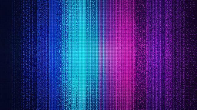 Abstract digital matrix code background with vertical streams of binary data, blue and purple neon gradient, representing artificial intelligence, cybersecurity, big data