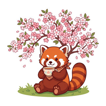 Cute red panda sitting under a blooming cherry blossom tree holding a tea cup.