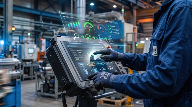 Industrial factory worker operating control panel with augmented reality HUD display, manufacturing process monitoring, smart industry 4.0 technology, quality inspection data