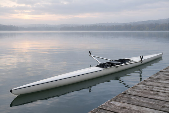 Unoccupied single-scull rowing shell beside a dock on a calm lake