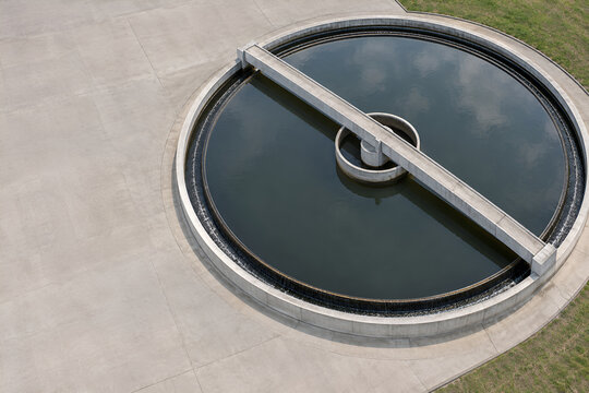 Circular clarifier basin at a water treatment facility