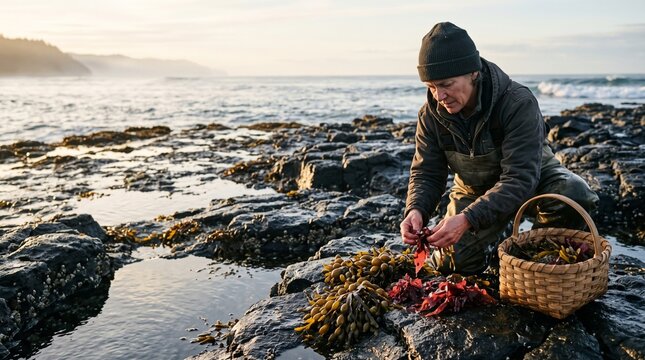 Woman harvesting edible seaweed on rocky coast at low tide