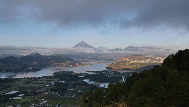 view from the lake amatitlan guatemala 
in the back the water volcano 
drone shot