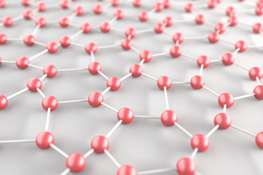Red molecular lattice of connected spheres and bonds for science background and nanotechnology concept poster design
