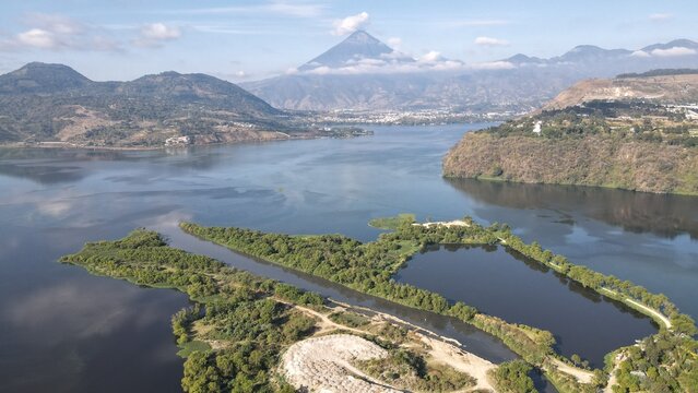 view from the lake amatitlan guatemala 
in the back the water volcano.
drone shot