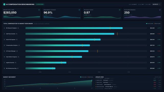 Ai compensation benchmarking dashboard with animated salary bars, market medians, 4k analytics interface, for pay equity, talent strategy, hr data review