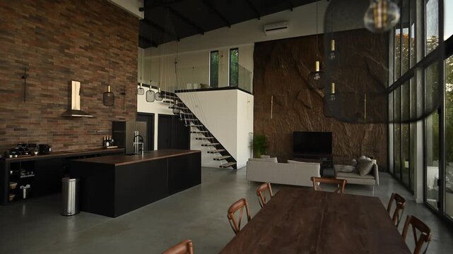 Elegant loft apartment featuring a modern kitchen, living area, and dining room in a luxurious contemporary interior design