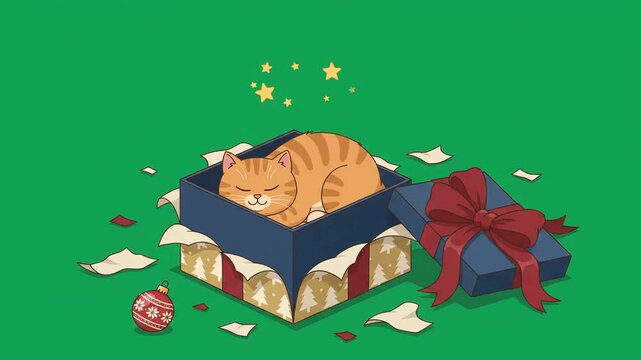 Charming animated video of a cute ginger cat sleeping peacefully inside a festive holiday gift box with a red bow and glowing stars against a green screen background.