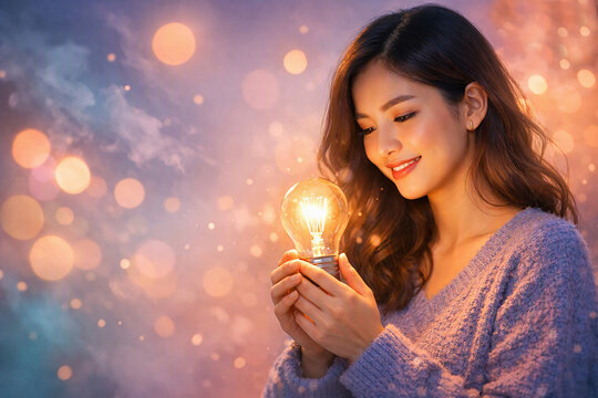 Smiling Young Woman Holding Glowing Light Bulb with Warm Bokeh Sparkles