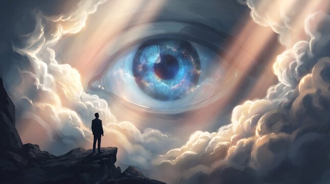 Surreal Giant Blue Eye in Clouds with Tiny Silhouette of a Man