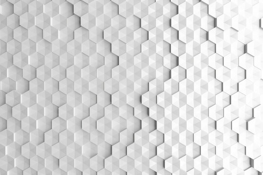 Hexagonal geometric pattern background in white with 3d honeycomb tiles for modern minimal design and seamless architectural surface