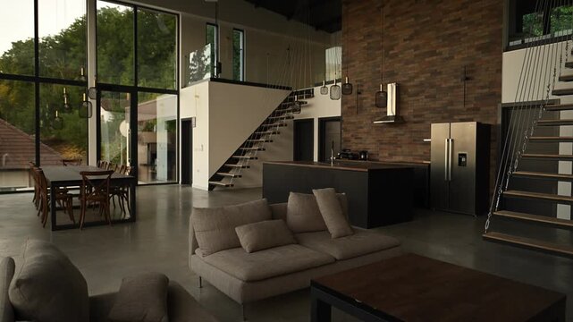 Morning sunlight creating moving shadows across a modern luxury open plan loft apartment interior with a brick kitchen wall