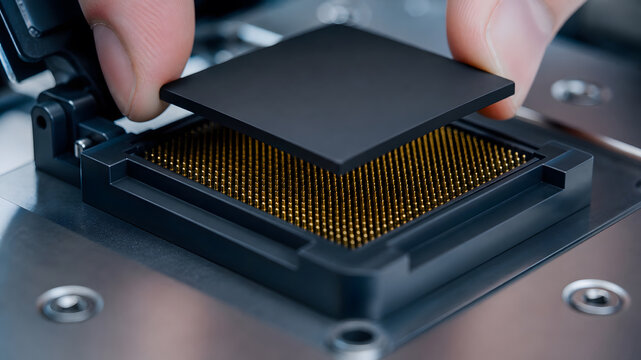 Close-up of a microprocessor chip being placed into a test socket lined with gold pins