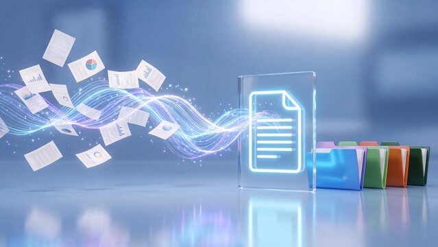 Digital document transformation and paperless office automation, glowing neon file scanner organizing paperwork into digital folders 4K