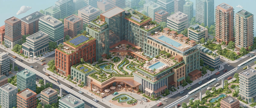 Isometric 3D View of Luxury Eco Friendly Residential Apartment Building Complex with Rooftop Pools
