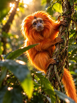 Cute Golden Lion Tamarin Monkey Climbing Tree In Rainforest