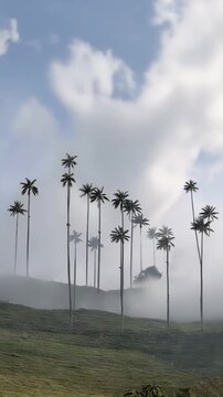 Cocora Valley Quindio Wax Palms Emerging from Moving Mist in Salento, Colombia. Time Lapse. Vertical Video.