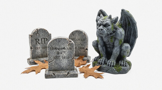 Halloween graveyard scene featuring three tombstones and a stone gargoyle statue with autumn leaves on a white background