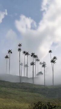 Cocora Valley Quindio Wax Palm above Orange Flowers and Andean Mountains in Salento, Colombia. Time Lapse. Vertical Video.