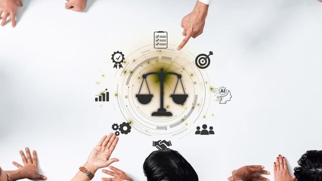 A diverse group discusses legal and ethical concepts surrounding modern business practices, highlighted by the scales of justice amidst relevant icons and imagery. Raster