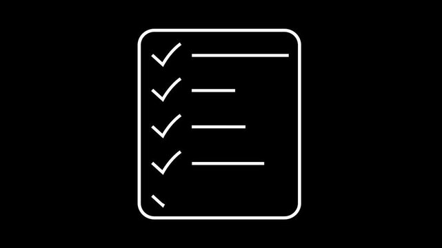 Minimalist white line animation of a digital checklist document being completed with checkmarks appearing one by one on a solid black background, for business and, productivity projects