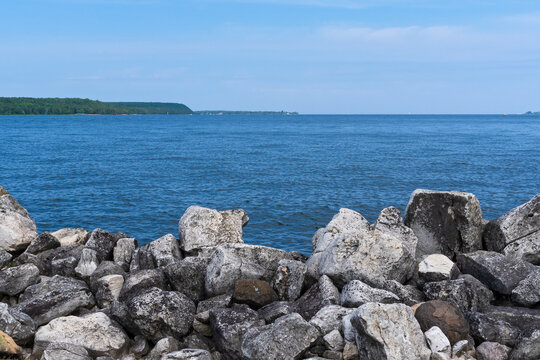 sturgeon bay horizon in door county wisconsin along rocky shore of sunset park 