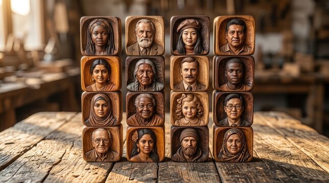 Diverse wooden blocks carved with human faces stacked on rustic table