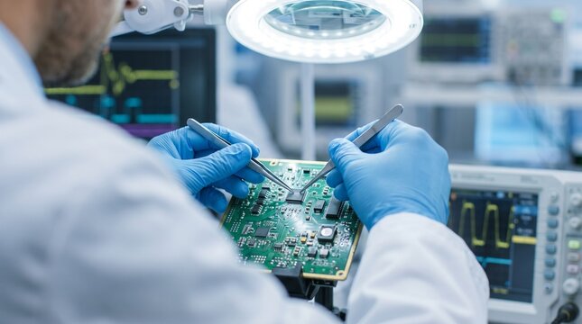 Microelectronics technician in white coat, using dual precision tweezers, inspecting printed circuit board, illuminated under magnifier in cleanroom, engineering photography