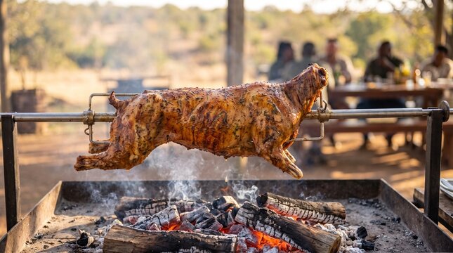 Whole roasted lamb spit roast, with golden crispy skin and seasoning herbs, rotating over burning charcoal embers, in an outdoor rustic barbecue setting, food photography