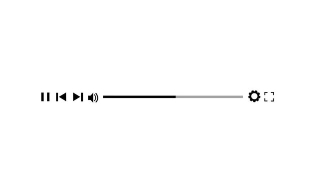 Minimalist black and white media player progress bar interface animation featuring smooth loading playback controls with volume settings and fullscreen toggle for modern digital user experience