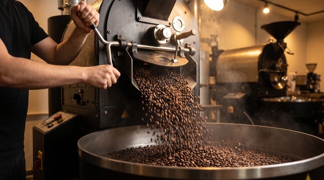 Commercial coffee roasting machine, with hot dark beans and steam vapor, pouring fresh roasted coffee into cooling tray, in an industrial roastery facility, industry photography