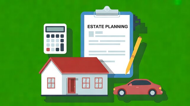 Estate planning concept illustration featuring house car calculator and document