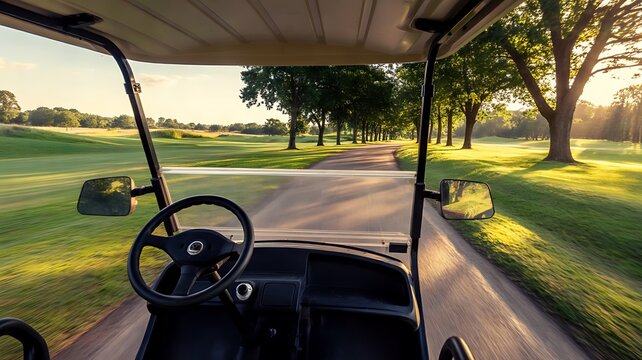 First-person view driving a golf cart along a scenic path through a green golf course at sunset