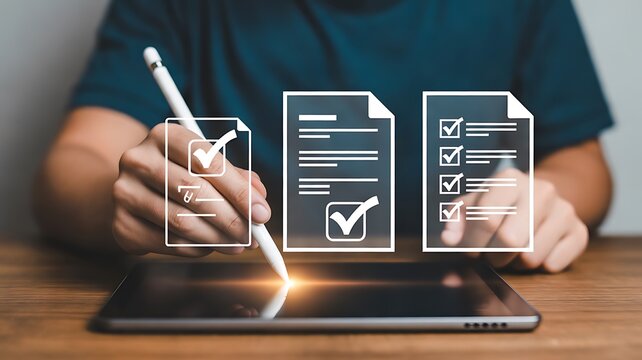 Person signing digital contract and checking off list items on a tablet screen using a stylus   