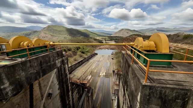 Betania Hydroelectric Dam Infrastructure and Moving Clouds in Huila, Colombia. Time Lapse. Establishing Shot.