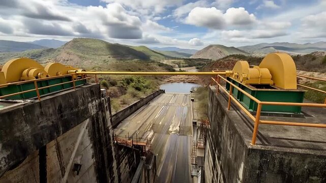 Betania Hydroelectric Dam Infrastructure and Moving Clouds in Huila, Colombia. Time Lapse. Establishing Shot.