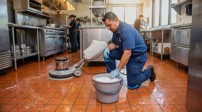 Worker cleaning commercial kitchen red tile floor with equipment and bucket