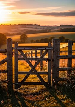 A weathered wooden gate stands in a field at sunrise. The golden light illuminates the landscape, highlighting the rolling hills and mist-covered fields in the distance.