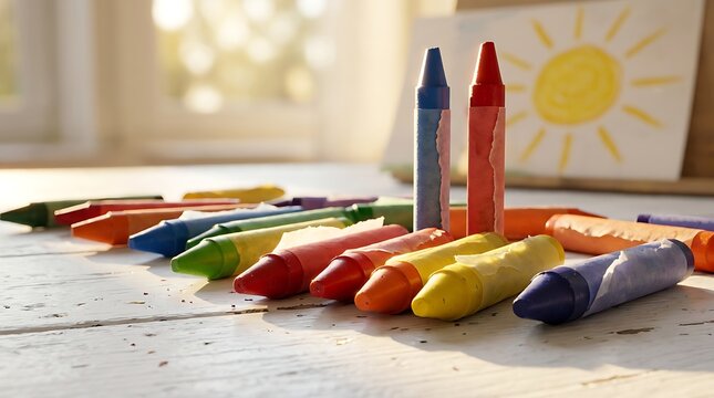 Vibrant colorful wax crayons arranged in a row on rustic white wooden table with child drawing