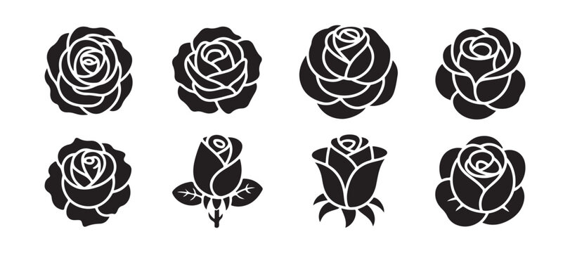 Detailed black rose bloom icons in various stylized petal patterns for engraving and stencil templates.