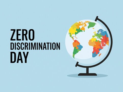 Zero Discrimination Day flat vector illustration with colorful puzzle piece world globe on stand showing multicolor continents representing global equality diversity inclusion unity
