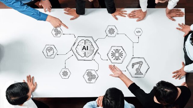Business team collaborating on artificial intelligence project with creative mind mapping on white table showcasing ideas and strategies for future technology innovation. Entropy.