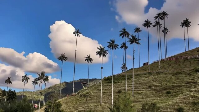 Cocora Valley Quindio Wax Palms on Andean Hillside with Moving Clouds in Salento, Colombia. Time Lapse. Establishing Shot.