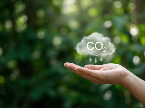 A Hand Cradling a Transparent CO₂ Emission Cloud with Descending Arrows Against a Blurred Green