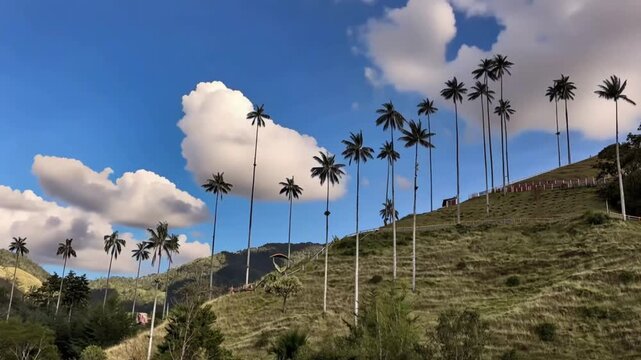 Cocora Valley Quindio Wax Palms on Andean Hillside with Moving Clouds in Salento, Colombia. Time Lapse. Establishing Shot.
