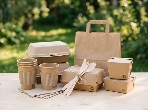 Eco-Friendly Takeout Set Featuring Brown Kraft Cups, Boxes, Bag, Utensils, and Gift Box on Rustic