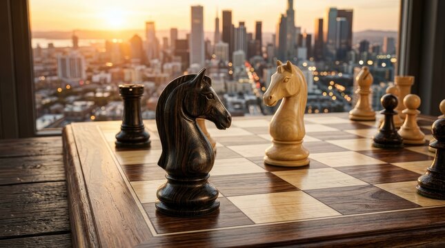 Chess pieces positioned on board with cityscape sunset background