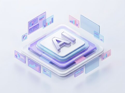 Futuristic AI Mobile App Showcasing Analytics Dashboards and Data Visualization in Isometric 3D