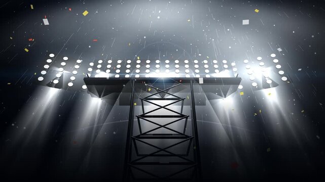 Cinematic extreme low-angle slow tilt of massive stadium floodlight towers igniting at night with realistic metal halide flickering, brilliant white illumination, volumetric haze light shafts 