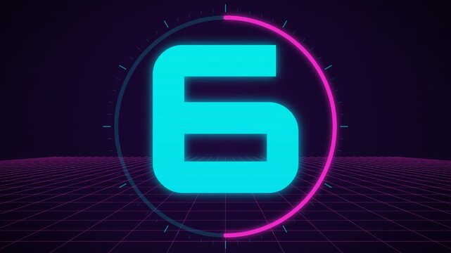 Retro countdown timer video clip showing numbers 10 5 and 0 with neon glow on a grid background